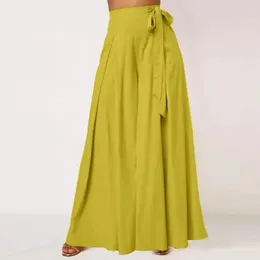 Women's Pants Charming Elastic Waist Trousers Elegant Lace-up Bow Wide Leg For Women High Solid Color Culottes With A-big Hem