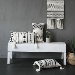 Pillow DUNXDECO Cover Decorative Waist Case Nordic Geometric White Black Lines Tufted Tassels Modern Sofa Chair Cousin