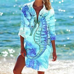 Casual Dresses Hawaii Seahorse Printed Shirt Dress Turtle Beach Sexy Blouse Outwear Long Sleeve Maxi For Women Ladies Vestido Mujer