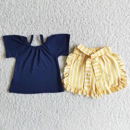 Clothing Sets Summer Fashion Baby Girls Shoulder Strap Top Yellow Striped Shorts Set Wholesale Boutique Children Clothes