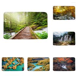 Bath Mats Green Forest Stream Bathroom Mat Non-Slip Kitchen Flannel Floor Rug Waterfall Scenery Wooden Bridge Home Carpet Entrance Doormat