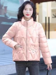 Women's Jackets Fashion Cute Women Bright Pink Cotton Jacket Winter Warm Bubble Coats Shiny Leather Parkas Quilted Zipper Cropped Tops