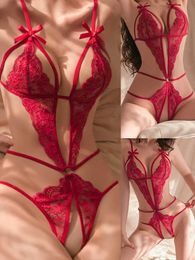Sexy Pyjamas Crotchless Sexy Lingerie For Women Exposed Naughty Underwear Strap Bandage Belt Bodysuit Red Floral Backless Hollow Chest Plus T240513