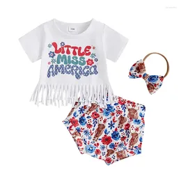 Clothing Sets 4th Of July Baby Girl Outfits Letter Print Tassel Short Sleeve T-Shirt Shorts Headband Set Fourth Outfit