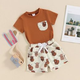 Clothing Sets Toddler Boys Western Outfits Summer Short Sleeve T-Shirts Tops Elastic Cow Print Shorts 2pcs Vacation Clothes