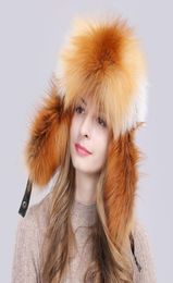 2019 Unisex Winter Russian Real Fox Fur Hat Warm Soft Quality Real Raccoon Fur Bombers Cap Luxury Real Sheepskin Leather Hats3407675