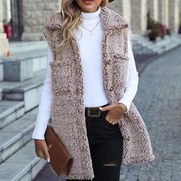 Women's Jackets 2024 Fashion Autumn/Winter Polo Collar Sleeveless Long Loose Relaxed Faded Bubble Fleece Cardigan Vest