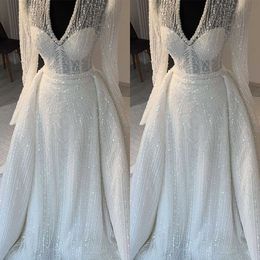 Fashion A-Line Wedding Dress For Women V Neck Long Sleeves Bridal Gown Sequins Detachable Train Dresses Custom Made