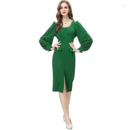 Casual Dresses Bold Metal Chains Neckline Button Flap Pockets Front Slit Knee Length Pencil Dress Green/Red