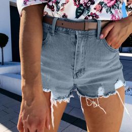 Women's Jeans Fashionable Shorts Solid Color Blue Denim With Pockets Ripped Summer Pants Buttocks Ropa De Mujer