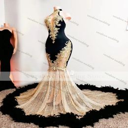 Sparkly Black Mermaid Evening Dress High Neck Feather Beads Sexy Luxury Prom Gowns Dubai Women Formal Party Gowns 268l