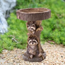 Garden Decorations Bird Bath Bowl Raccoon Statue Figurine Outdoor Patio Lawn Resin Feeder Animal Sculpture For Park Fence Balcony Outside