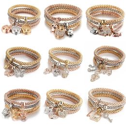 3 Colors Elastic Charms Bracelet Set Women Crystal Tree Of Life Stretch Chain Owl Key Lock Music Note Butterfly Heart Charm Bangle Jewelry YFA1980