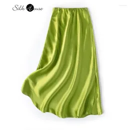 Skirts 2024 Women's Spring Natural Mulberry Silk Plain Satin Single Side Split Light Luxury Elastic Waist Hip Green Wrap Skirt
