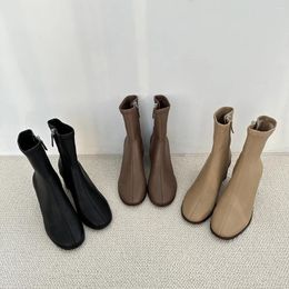 Casual Shoes 2024 Soft Sheepskin French High Heel Stretch Thin Boots Short Women's Spring And Autumn Single Thick Round Toe