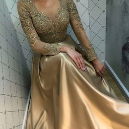 Sexy Elegant Women Formal Party Dresses sheer illusion neck Plus Size Arabic Muslim Gold lace Long Sleeves Evening Prom Dresses Gown 20 259B