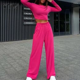 Women's Two Piece Pants Women Casual Fall Sets Long Sleeve T-Shirt Wide Legging Female Rose Red Sports Suits Fashion Cotton Ladies Clothes