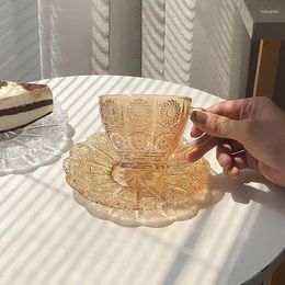 Cups Saucers Glass Flower Carved Coffee Set Tea Water Milk Latte Mugs & Dinnerware Birthday Present Wedding Gift Amber 200ML