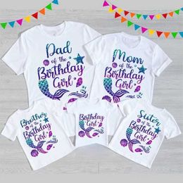 Family Matching Outfits Cute Mermaid Design Birthday Girl T-shirt Birthday Gift Party Clothing Fun T-shirt Family Matching Clothing Set T240513