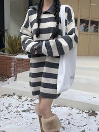 Casual Dresses PLAMTEE Grey Long Sweaters Women Stripes Office Lady Winter Knitted Chic Elegant Loose Daily Pullovers Fashion