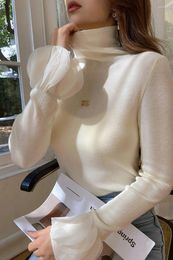 Women's T Shirts Dabuwawa Flare Sleeve Knitted Underlay T-Shirt Women 2024 Collection Fairycore High Collar Slim Blouse Christmas DM1DJS003