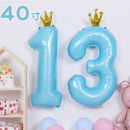 40 Inch Large Big Conjoined Crown Blue Digital Aluminium Foil Balloon Birthday Party Decorations Baby Shower Gift Number Balloons with Crown Wedding 0 1 2 3 4 5 6 7 8 9