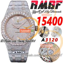 AMG 15400 A3120 Automatische Herren Watch Big Diamond Lünette 18k Roségold gepflasterte Diamanten Zifferblatt Baguette Marker Stahlarmband Super Trustytime001 ECED Full Watches