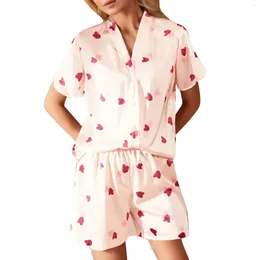 Women's Sleepwear Cute Love Print Women Pajamas Sets Short Sleeve Nightwear Tops And Shorts Ice Silk Loungewear Pyjamas