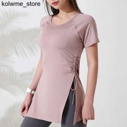 Women's Tanks Camis Women Workout Shirts Short Sleeve Top Gym Long Shirts Side Drawstring Split Sports Top Female Breathable Fitness Wear S24514