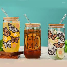 Wine Glasses 3d Print Glass Cup Mason Can Butterfly Pattern Water Bottles With Bamboo Lid&Straw Summer Drinking Mother's Day Gift