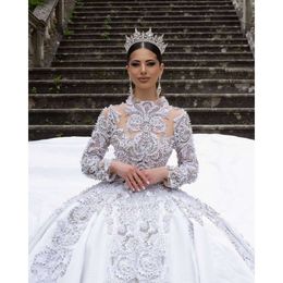 Exquisite Ball Wedding Dress Jewel Long Sleeves Pearls Applicants Illusion Pleats Chapel Gown Custom Made Robe De special
