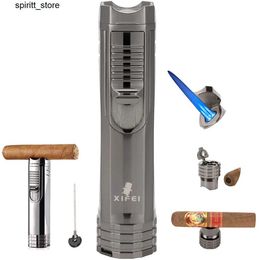Lighters XIFEI Windproof Cigar Light with Punch Stand Metal Needle Portable 3 Spray Flames Multi functional refillable Smoking Accessories S24513