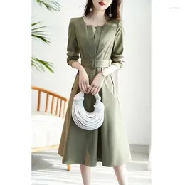 Casual Dresses 2024 Spring And Autumn Women Mid Length V-Neck Solid Color Dress Female Commuter Waist Slim Long Sleeve A-line Skirt