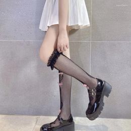 Women Socks Lolita Fishnet Lace Over Knee Long Cute Lollipop Jacquard Sweet Bowkont Ruffled High Stockings