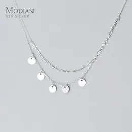 Pendants MODIAN 925 Sterling Silver Simple Double Chain Sequins Pendant Necklace For Women Geometric Korea Style Fine Jewelry