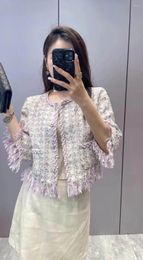 Women's Jackets French Style Coat Color Contrast Button Design Fringe Decoration Elegant Slimming Tweed Short Top