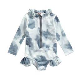 Two-Pieces 1-5Y baby and toddler girls one piece swimsuit girl pleated printed long sleeved jumpsuit Sunscreen swimsuit bikini childrens beach suitL2405