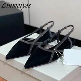 Casual Shoes 2024 String Bead Flat Women Pointed Toe Shallow Slingbacks Runway Luxury Quality Suede Leather Walk Woman