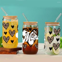 Wine Glasses 3D Print Leopard Heart Mama Letter Pattern Sublimation Glass Straw Juice Bottle With Bamboo Lid Mother's Day Gift