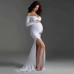 Maternity Dresses Spring and Autumn Solid Long sleeved Shoulder Skirt Elegant and Sexy Pregnant Womens Clothing Photo Shooting of Pregnant Womens ClothingL2405