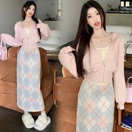 Work Dresses Women 3-piece Set Sweet Niche Versatile And Fashionable Style Long-sleeved High-waisted Plaid Skirt With Bow Jacket Inside