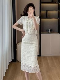 Work Dresses Chinese Chic Summer Lace Two Piece Set Elegant Women Square Collar Hollow Out Flower Crop Tops Bodycon Slim Long Skirt Suit