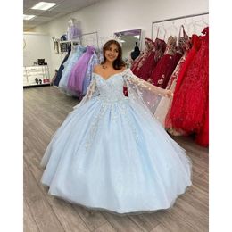 2024 Sexy Quinceanera Dresses Light Sky Blue Long Sleeves Off Shoulder Sequined Crystal Beads Tulle Lace Sweet 16 Dress Vestidos De 15 Prom Party Gowns 0514