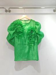 Women's Blouses Neploe Fresh O Neck Puff Sleeve Solid Casual 3d Flower All-match Temperament Sweet Tops 2024 Tassels Fashion Shirt