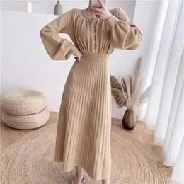 Casual Dresses French Style Lantern Sleeve Slim Hips Waist Chic Girl Lady Autumn Winter Basic Knitted Sweater Dress Fashion Women