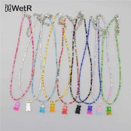 Beaded Necklaces Bohemian Korean Coloured chewing gum bear pendant necklace with multi-color beige beads suitable for female lovers and girls as gifts d240514
