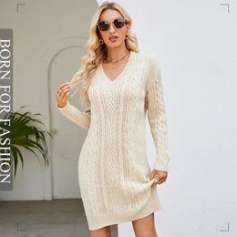 Casual Dresses Women's Solid V-Neck Long Woollen Dress 2024 Winter Fashionable Style With Thin Twisted Flower Bottom Knitted