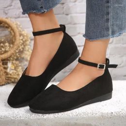Casual Shoes Female On Sale 2024 Brand One-word Buckle Women's Flats Autumn Pointed Toe Solid Flock Low-heeled Zapatillas De Mujer