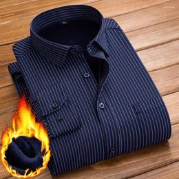 Men's Dress Shirts Stripe Shirt Men Fleece Winter 2024 Flannel Thick Warm Tuxedo Formal Casual Long Sleeve Slim Fit Pocket Velvet