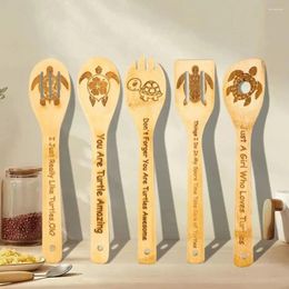 Spoons Engraved Bamboo Cookware Set Of 5 Funny Wooden Cooking With Long Handles Kitchen For Home Baking